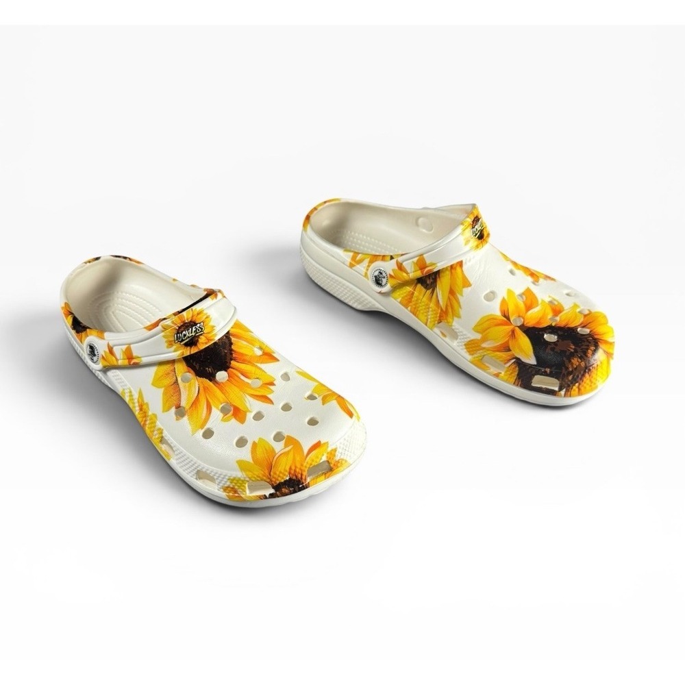 Duckless Sunflower Floral Clogs Womens US 11 White Garden Slip On
